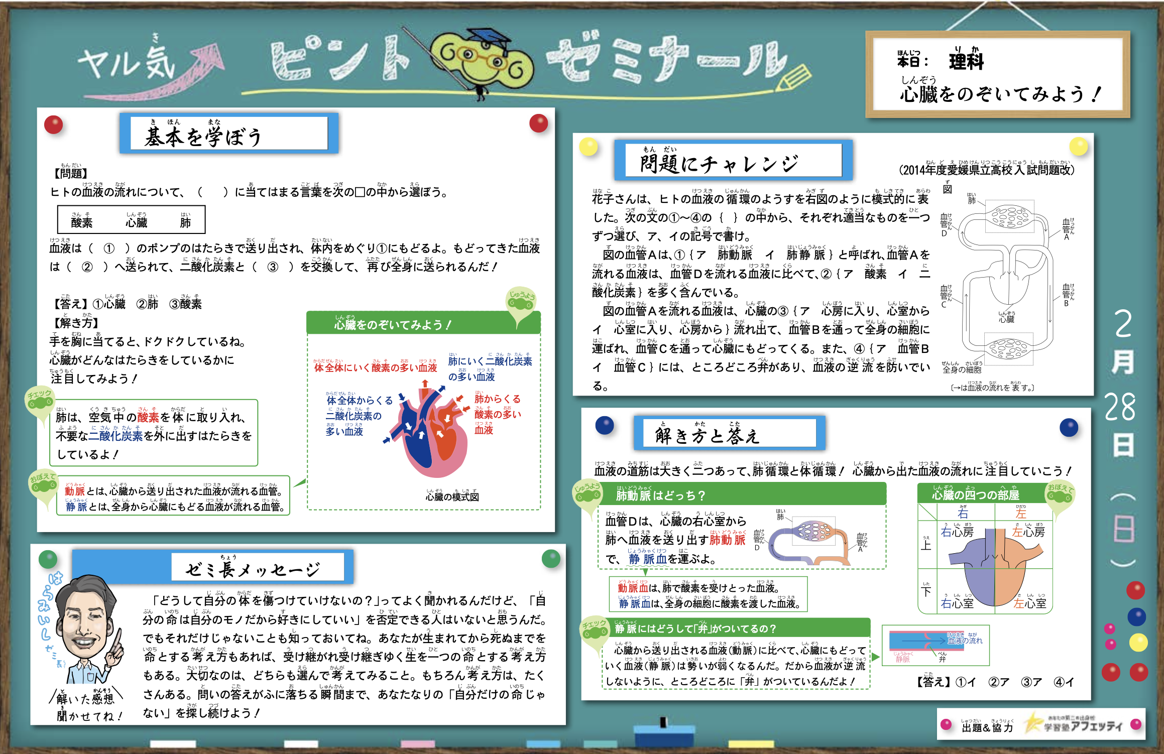ピントゼミナールの原稿。入試問題解説とゼミ長メッセージが並ぶ